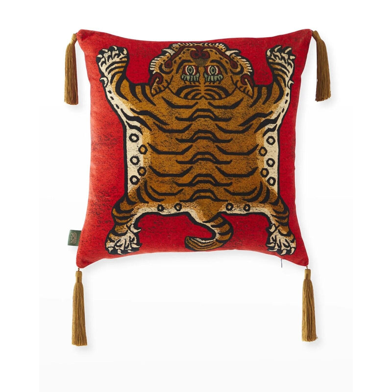 HOUSE OF HACKNEY Saber Tiger Velvet Tasseled Cushion, 17.7" in Cinnabar - NEW