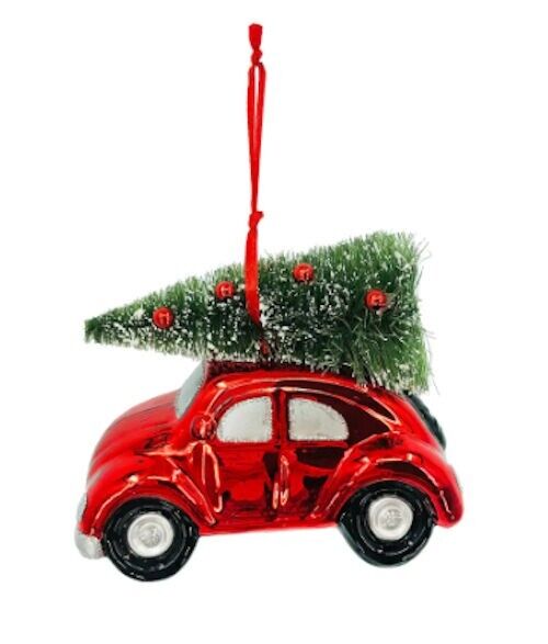 4'' Red Car with Tree Collectible Glass Christmas Ornament - NEW - ThingsGallery