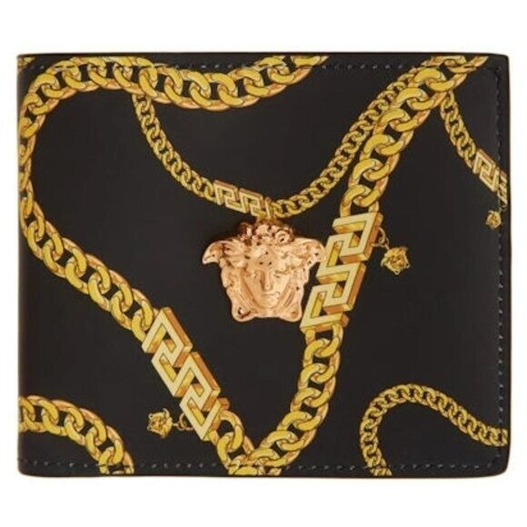 VERSACE Black 'La Medusa' Chain Black & Gold Bifold Wallet - NIB