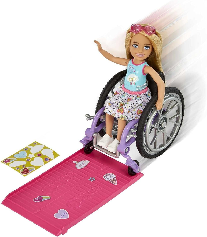 Barbie Chelsea Doll & Wheelchair Moving Wheels, Ramp Sticker Sheet & Access NIB