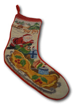 Vintage Santa & Sleigh Needlepoint Christmas Stocking Wool Red Velvet Backing