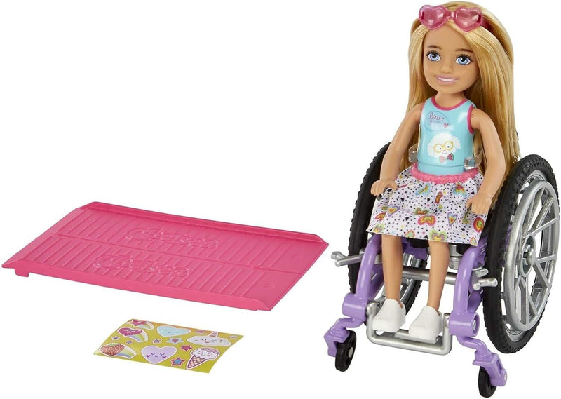 Barbie Chelsea Doll & Wheelchair Moving Wheels, Ramp Sticker Sheet & Access NIB