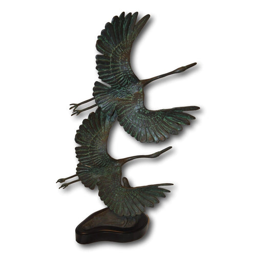 Bronze Sculpture Set of Cranes Taking Off in Flight - Mounted on Thick Wood Base