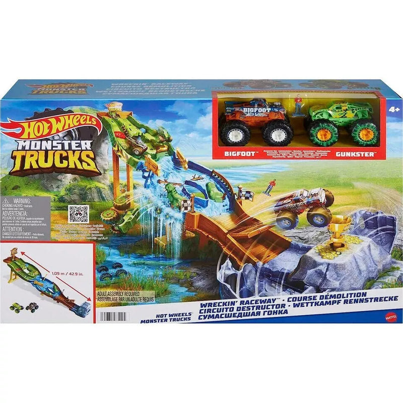 Hot Wheels Monster Trucks Wreckin' Raceway with 2 Toy Trucks: Bigfoot & Gunkster