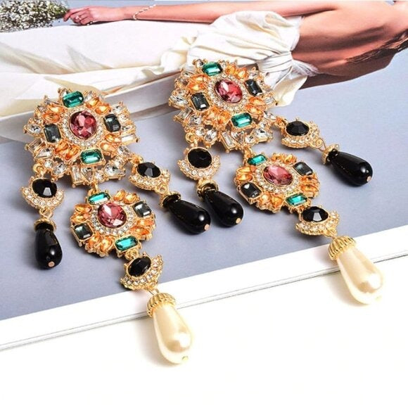 Boroque Colorful Crystal Dangle Drop Earrings -NEW