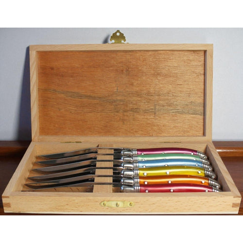 Laguiole 6 Piece Steak Knife Set, Rainbow in Wood Presentation Box - NIB