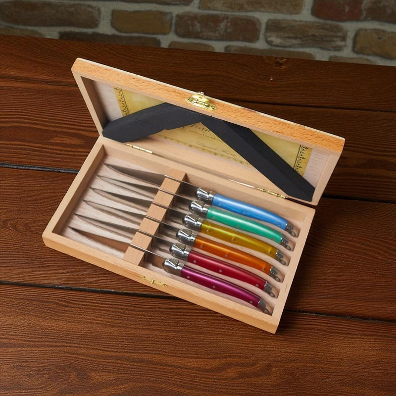 Laguiole 6 Piece Steak Knife Set, Rainbow in Wood Presentation Box - NIB