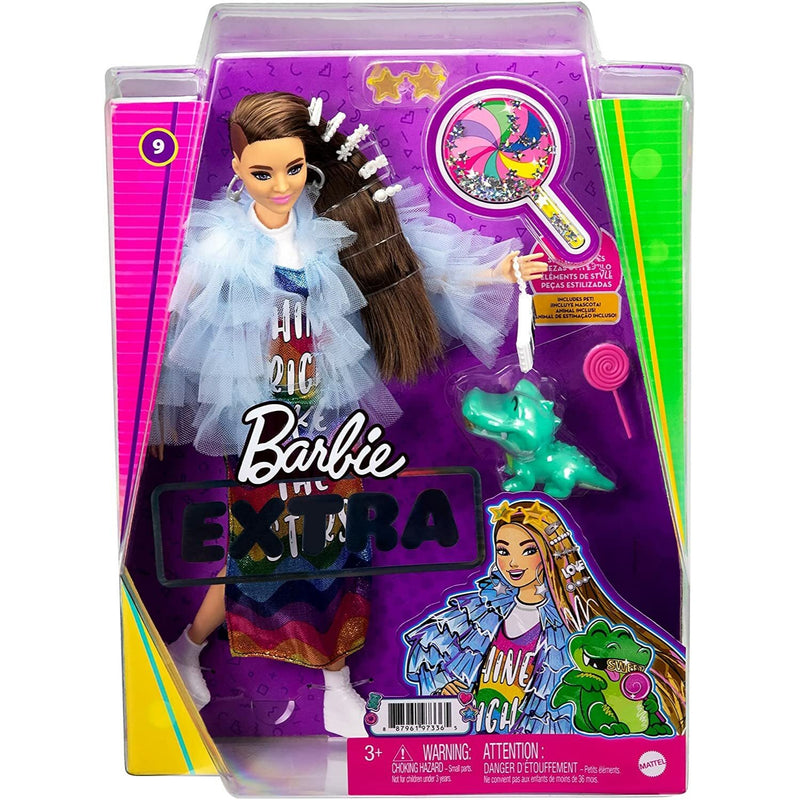 Barbie Extra Doll #9 in Blue Ruffled Jacket Pet Crocodile Bling Hair Clips NIB