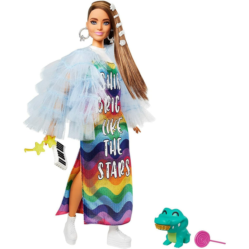 Barbie Extra Doll #9 in Blue Ruffled Jacket Pet Crocodile Bling Hair Clips NIB