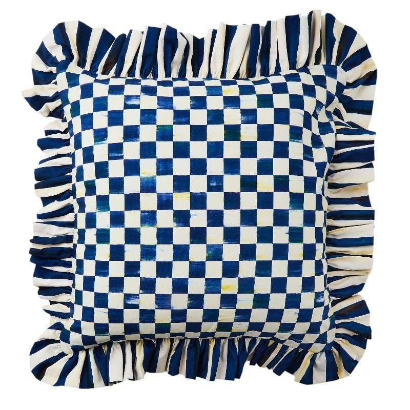 MacKenzie-Childs Royal Check Ruffle Throw Pillow - Navy & White - NEW