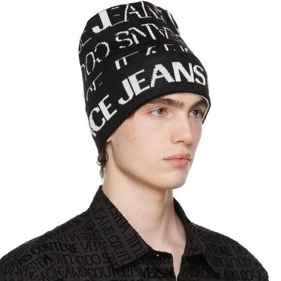 Versace Jeans Couture Black & White Knit Beanie  Rib knit wool-blend beanie