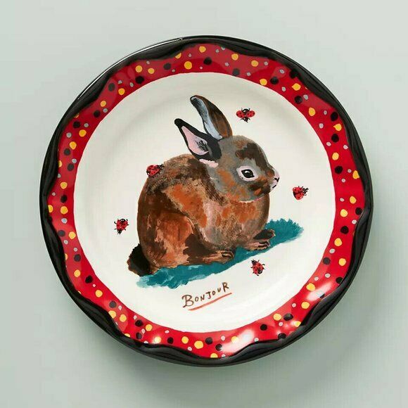 Anthropologie Nathalie Lete Francophile French Bunny Rabbit 10" Dinner Plate NEW - ThingsGallery