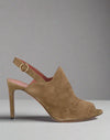 Bally Switzerland High Heel Peep Toe Slingback Sandals In Tan Suede
