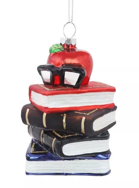 4" Christmas Stacked School Books Teacher Glass Ornament - NEW