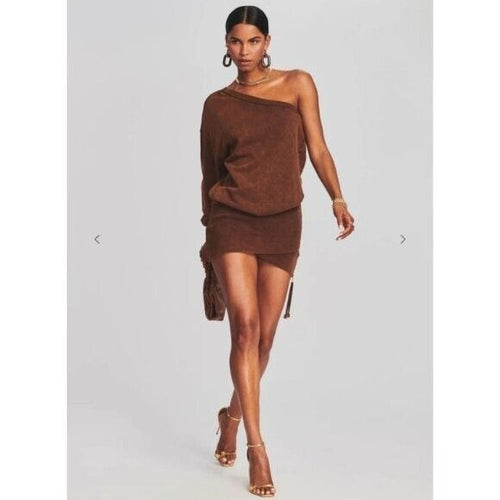 Retrofete Helena One Shoulder Terry Sweatshirt Mini Dress Brown Size: S NWT