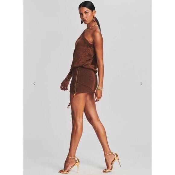 Retrofete Helena One Shoulder Terry Sweatshirt Mini Dress Brown Size: S NWT