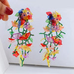 Bohemian Resin Transparent Colorful Beaded Flower Long Tassel Pierced Earrings