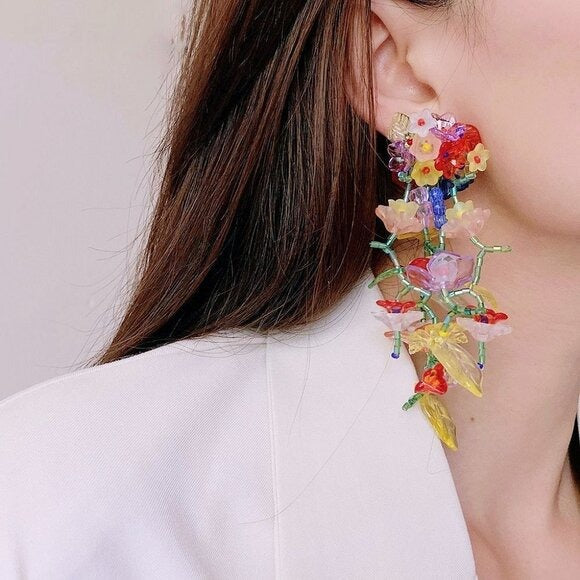 Bohemian Resin Transparent Colorful Beaded Flower Long Tassel Pierced Earrings