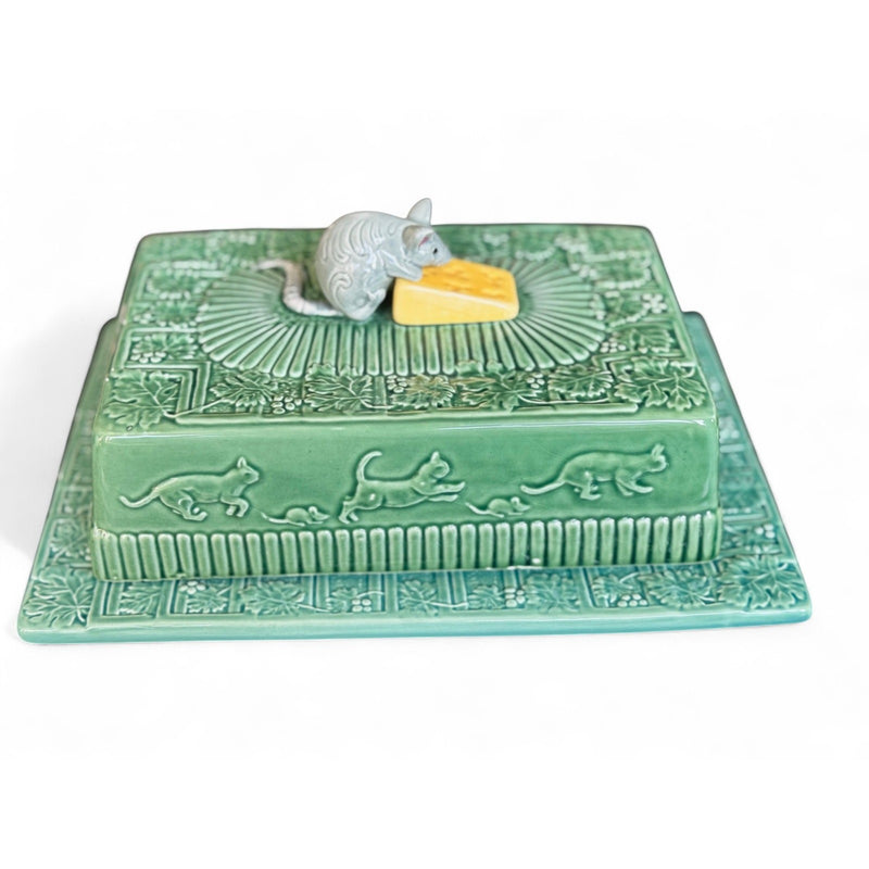 Abigails Portugal Green Cheese Tray w/ Mouse Lid Cats Embossed Majolica Style