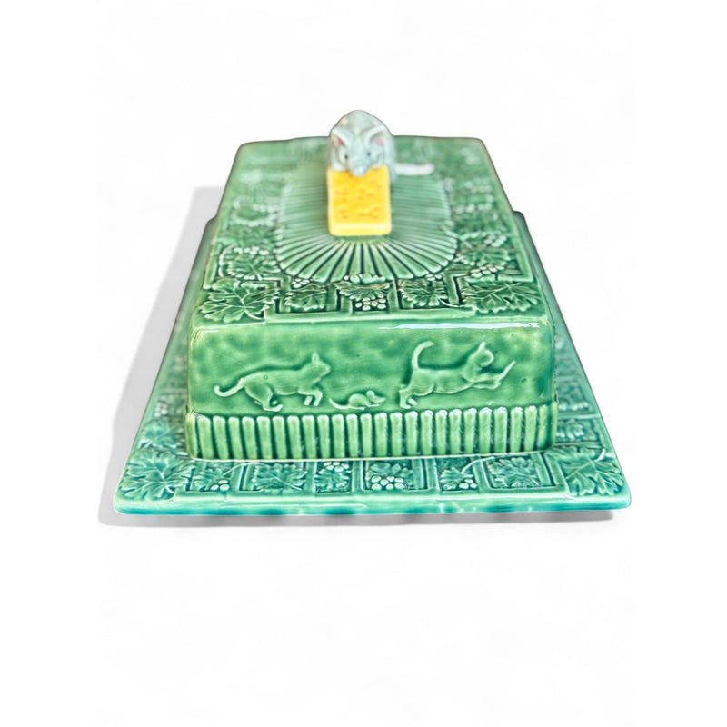 Abigails Portugal Green Cheese Tray w/ Mouse Lid Cats Embossed Majolica Style