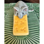 Abigails Portugal Green Cheese Tray w/ Mouse Lid Cats Embossed Majolica Style