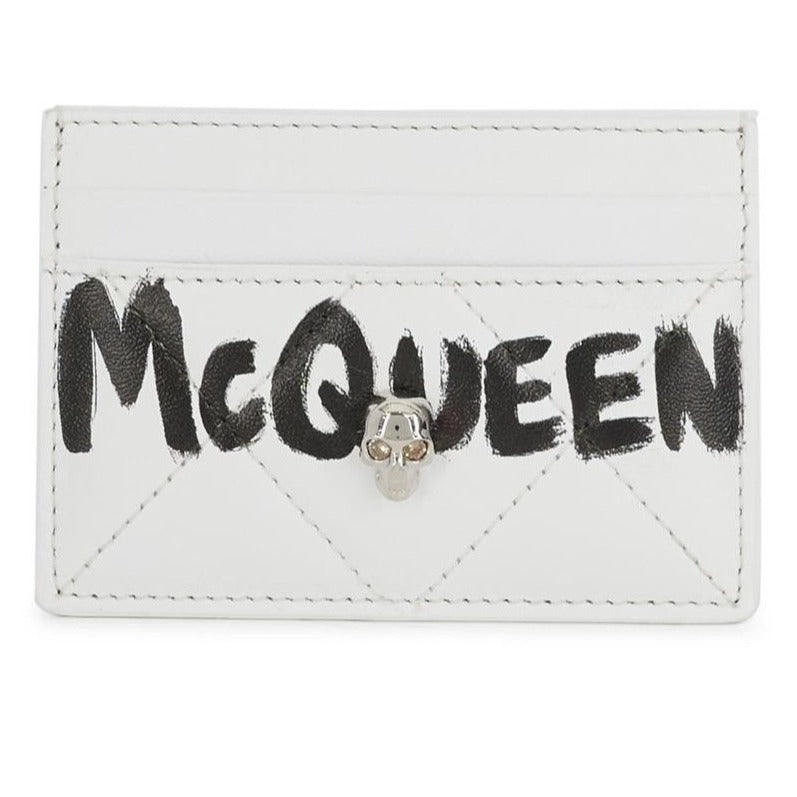 Alexander McQueen Graffiti Skull White Leather Card Holder Wallet - Brand New