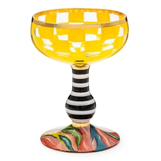 MacKenzie-Childs Carnival Yellow Coupe Glass Hand-Painted Check - NEW