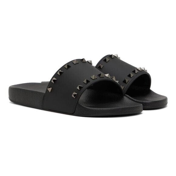 VALENTINO GARAVANI Black Rockstud Pool Slides / Sandals Size: 44 / 11 US NIB
