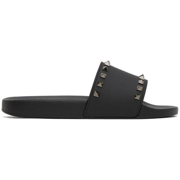 VALENTINO GARAVANI Black Rockstud Pool Slides / Sandals Size: 44 / 11 US NIB