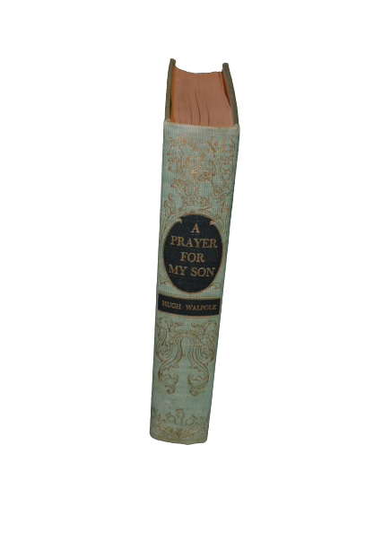 A vintage teal book spine showing the title of the book. The text states, "A PRAYER FOR MY SON".