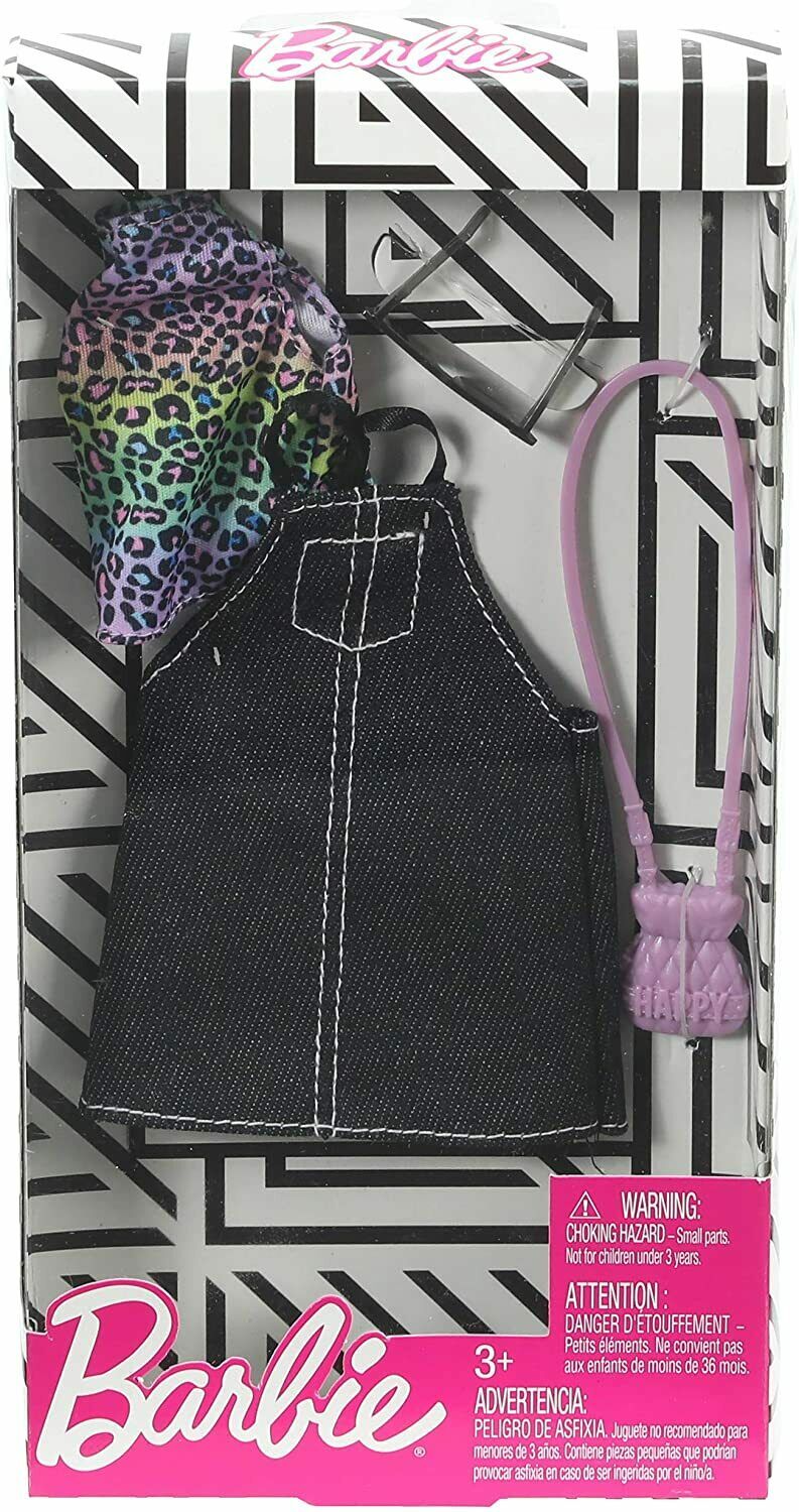 Barbie Doll Clothes Black Denim Jumper & Animal Print Top Plus 2 Accessories NIB