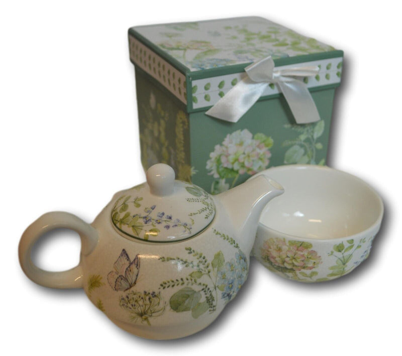 Delton Porcelain Tea for One Stacked Teapot & Cup Blue Hydrangea Gift Set NIB