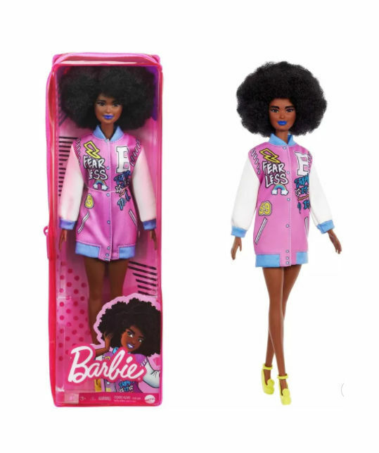 Barbie Fashionistas Doll #156 Brunette AA Afro & Blue Lips Graphic Coat NIB