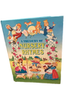 A vintage book of Nursery Rhymes. The text says, "A TREASURY OF NURSEY RHYMES". The cover features characters from various fairytales and nursery rhymes include the Queen of Hearts, Little Bo Peep, and Humpty Dumpty. Several characters are sitting on a white arch covered in red roses.