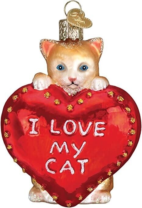 Old World Christmas Kitty Cat & Red Heart Glass Ornament - NIB