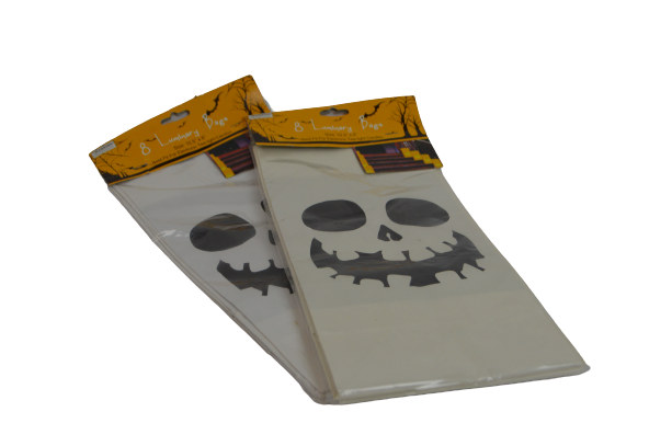 A pair of two packages containing Halloween themed black and white bags. The white bags inside the orange packaging feature a skeleton face/skull that is grinning. The text on the bags states "8 LUMINARY BAGS".