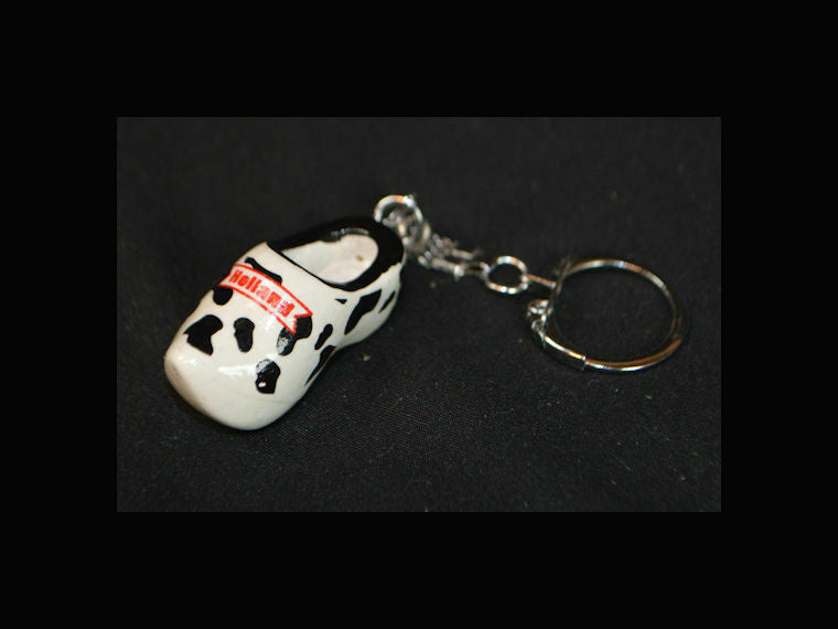 Vintage Mini Wooden Shoe Cow Print B&W Clog Keychain from Holland