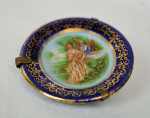 Vintage Hand Painted Fragonard Couple Courting Limoges Porcelain Pin Brooch - ThingsGallery