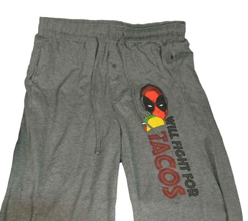 Marvel Mens Deadpool Grey Lounge Pajama Pants Will Fight For Tacos -NEW Size: XL