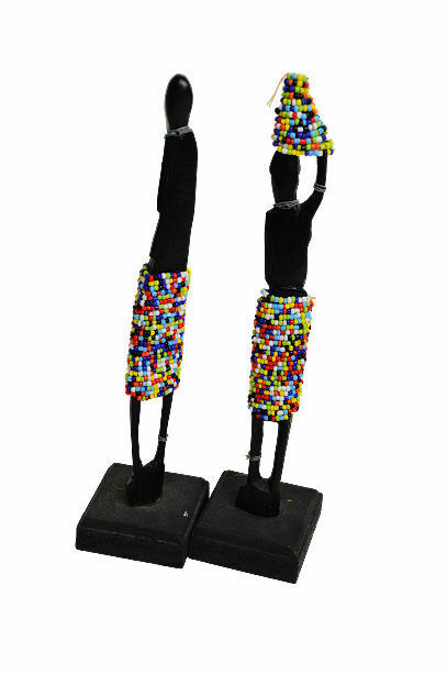 Set x 2 Thin Black Africa Man & Woman Figurine With Multi Color Bead Accents