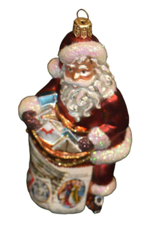 Santa with Bag of Toys W World Postage Stamps on Ornament