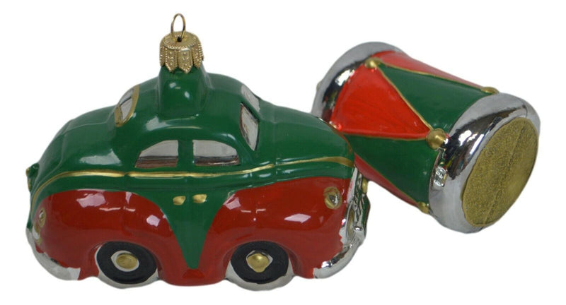 Komozja Heirlooms Christmas Glass Ornament Set of 2 Car & Drum Red & Green