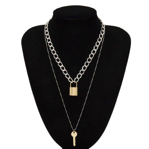 Multi Layer Lover Lock & Key Necklace Siver & Gold